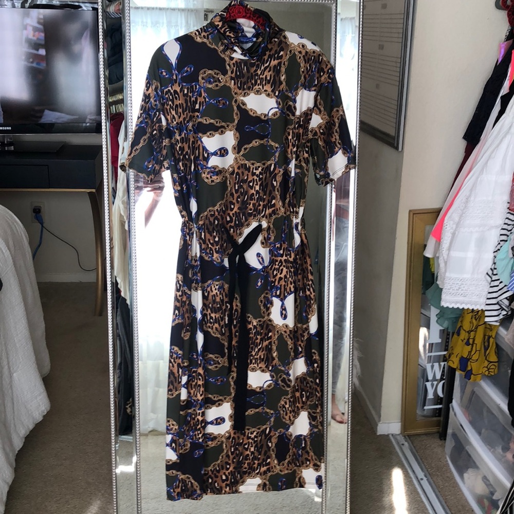 Zara jersey animal print chain link turtleneck dress